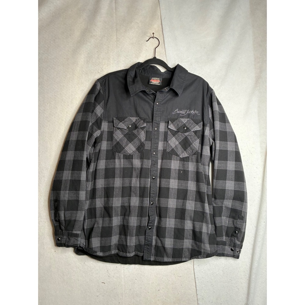 Barrett-Jackson‎ Mens XL Grey Black Plaid Flannel Snap Front Shirt Embroidered